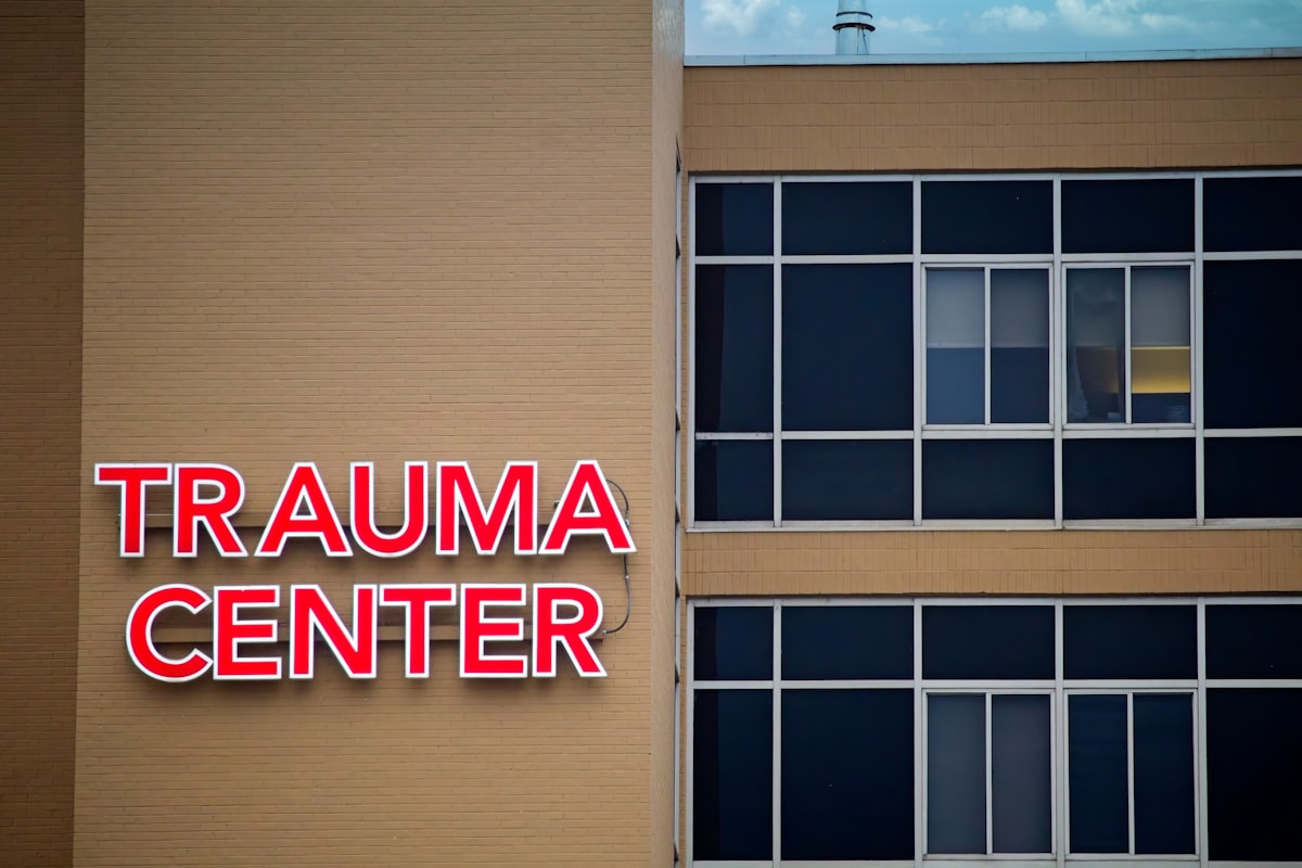 Trauma center sign on a hospital building